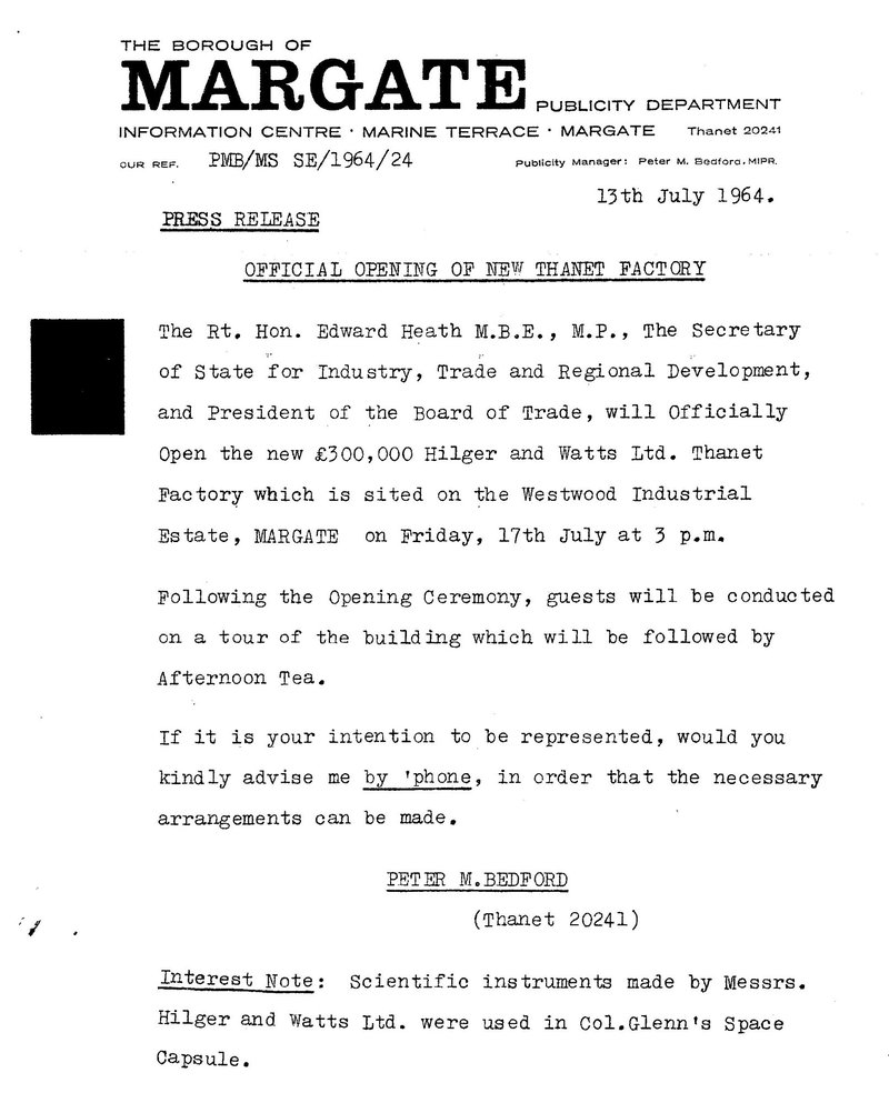 Original 1964 press release from the Borough of Margate announcing the official opening of the Hilger and Watts factory